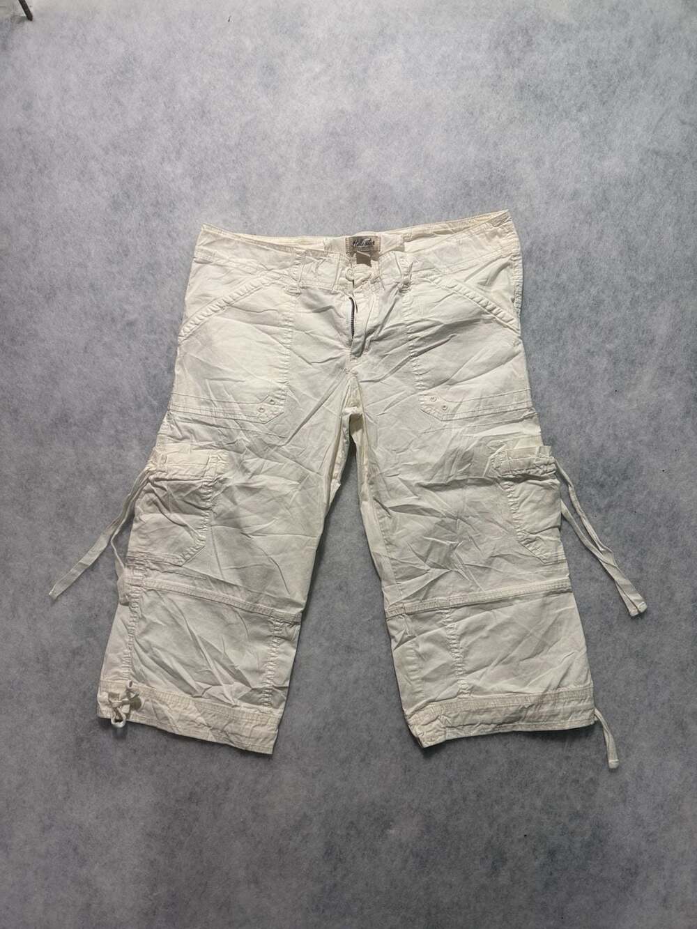 Vintage Hollister Cargo Capri Pants Size M White Cotton Drawstring Y2K